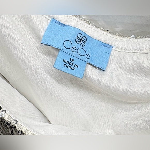 CeCe Women's Long Cold Shoulder Asymmetrical Neck Sequin Top Champagne - Picture 3 of 14